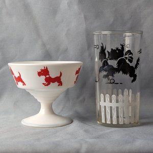 Vintage Scotty Dog Anchor Hocking Drinking Glass Hazel Atlas Sherbet White Red